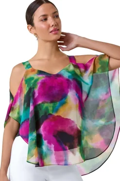 Roman Forest Abstract Print Cold Shoulder Overlay Top