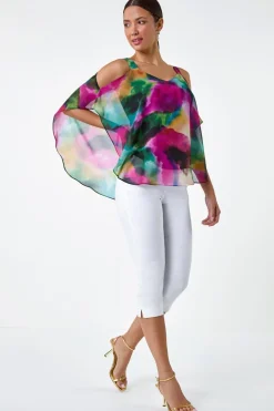 Roman Forest Abstract Print Cold Shoulder Overlay Top