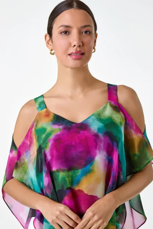 Roman Forest Abstract Print Cold Shoulder Overlay Top