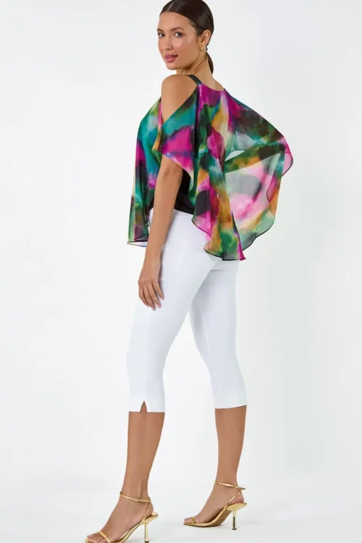 Roman Forest Abstract Print Cold Shoulder Overlay Top