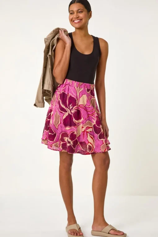 Roman Fuchsia Floral Print Short A Line Skirt