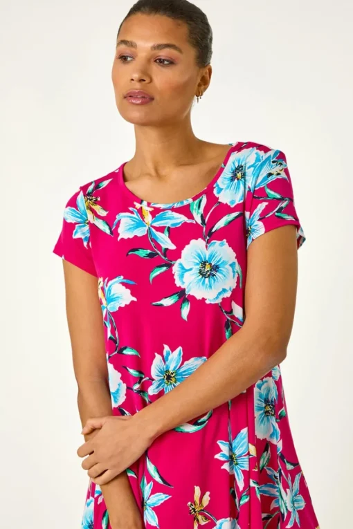 Roman Fuchsia Floral Print Hanky Hem Stretch Tunic Top
