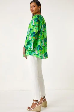 Roman Green Abstract Print Flared Blouse