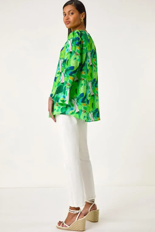 Roman Green Abstract Print Flared Blouse