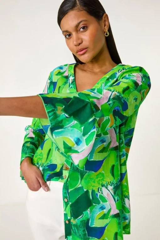 Roman Green Abstract Print Flared Blouse