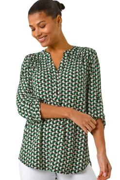 Roman Green Abstract Print V-Neck Button Stretch Shirt
