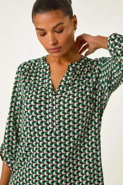 Roman Green Abstract Print V-Neck Button Stretch Shirt