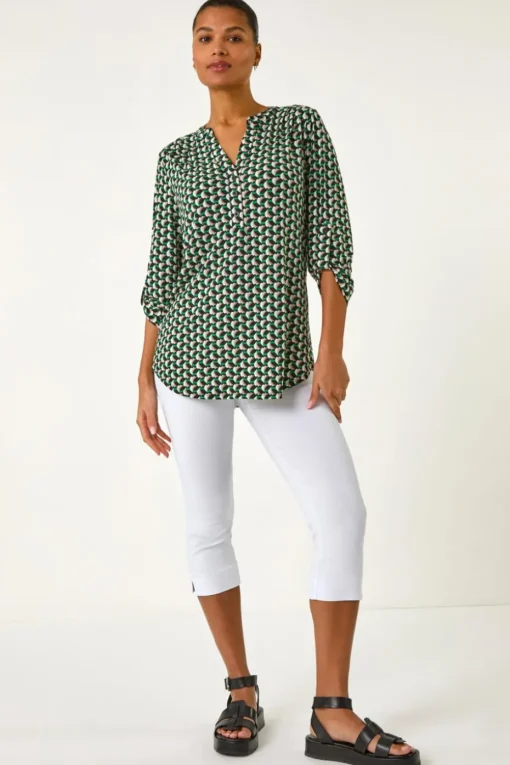 Roman Green Abstract Print V-Neck Button Stretch Shirt