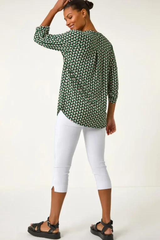 Roman Green Abstract Print V-Neck Button Stretch Shirt