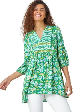Roman Green Cotton Abstract Floral V-Neck Ladder Trim Top