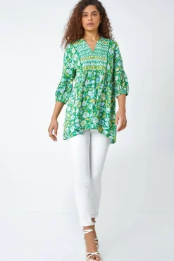 Roman Green Cotton Abstract Floral V-Neck Ladder Trim Top