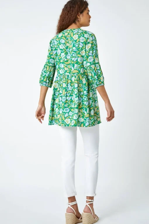 Roman Green Cotton Abstract Floral V-Neck Ladder Trim Top