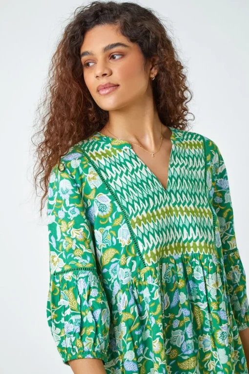 Roman Green Cotton Abstract Floral V-Neck Ladder Trim Top