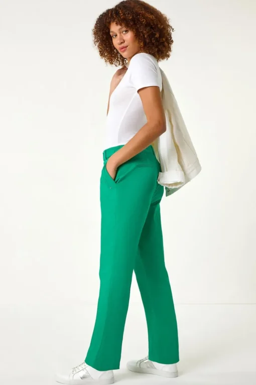 Roman Green Cotton Full Length Stretch Trouser