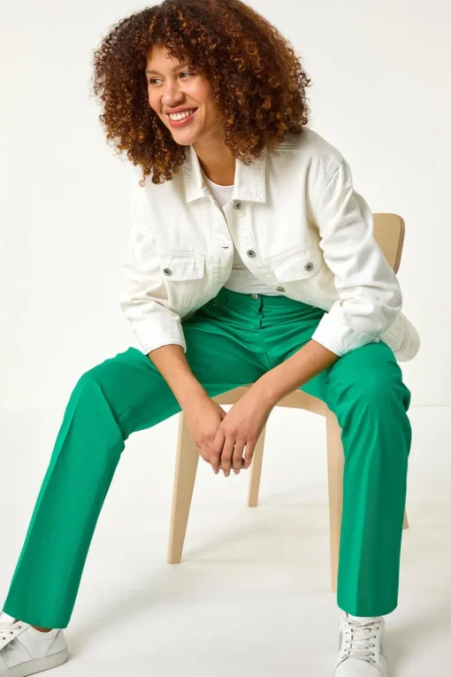 Roman Green Cotton Full Length Stretch Trouser
