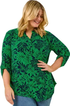 Roman Green Curve Leaf Print Button Stretch Shirt