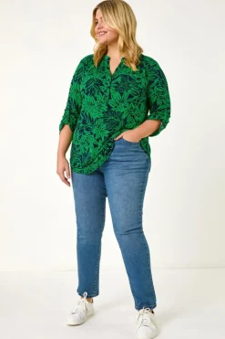Roman Green Curve Leaf Print Button Stretch Shirt