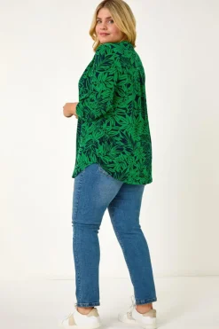Roman Green Curve Leaf Print Button Stretch Shirt