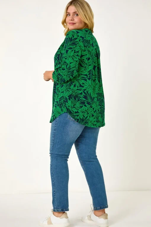 Roman Green Curve Leaf Print Button Stretch Shirt