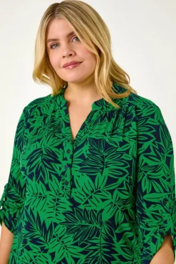 Roman Green Curve Leaf Print Button Stretch Shirt