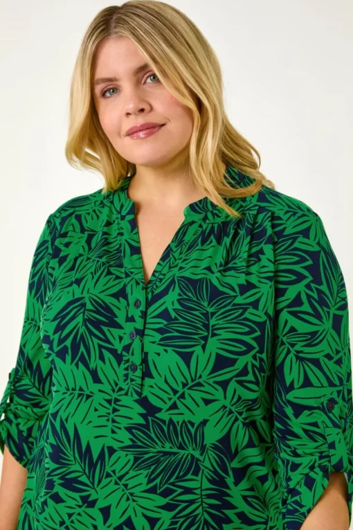 Roman Green Curve Leaf Print Button Stretch Shirt