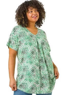 Roman Green Curve Spotted Leaf Print Stretch Top
