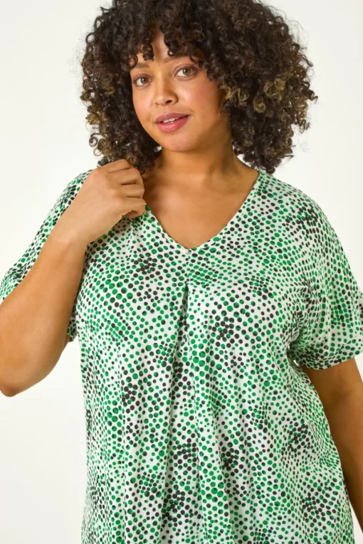 Roman Green Curve Spotted Leaf Print Stretch Top