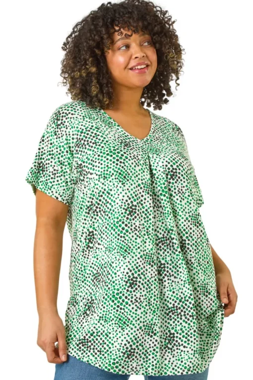 Roman Green Curve Spotted Leaf Print Stretch Top