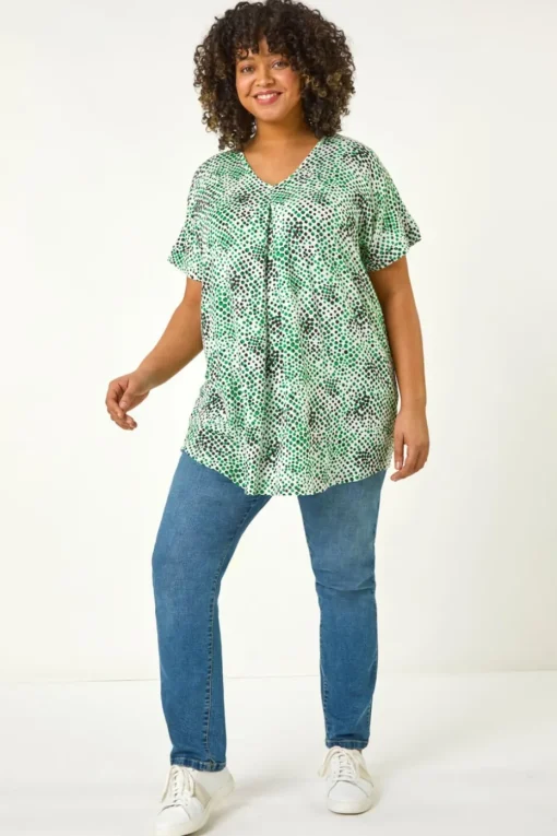 Roman Green Curve Spotted Leaf Print Stretch Top