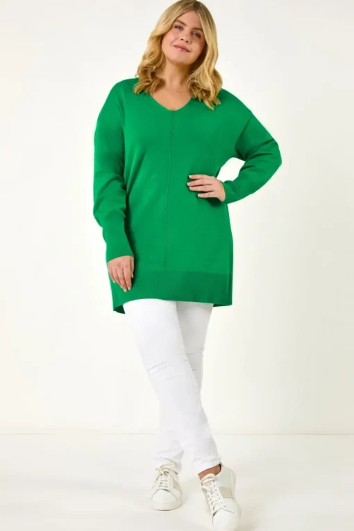 Roman Green Curve V-Neck Relaxed Jumper