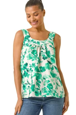 Roman Green Floral Pleated Vest Top