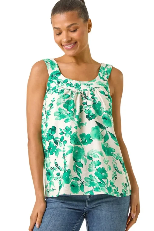 Roman Green Floral Pleated Vest Top