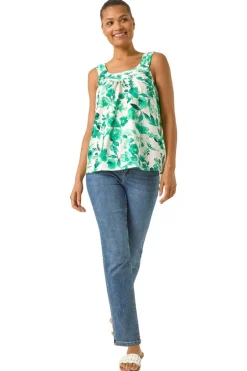 Roman Green Floral Pleated Vest Top