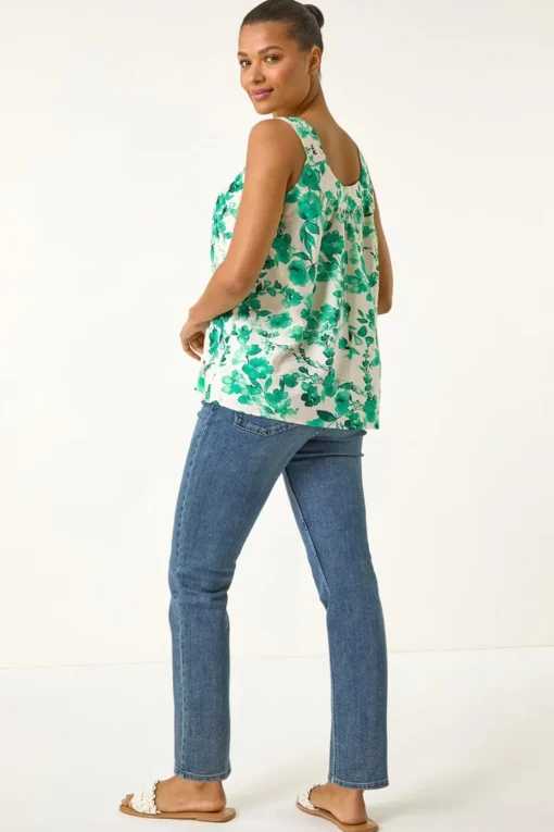 Roman Green Floral Pleated Vest Top