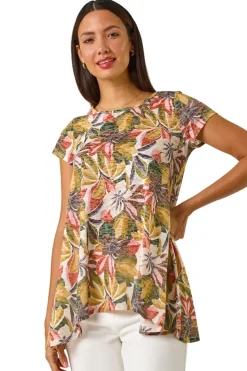 Roman Green Floral Print Hanky Hem Tunic Top