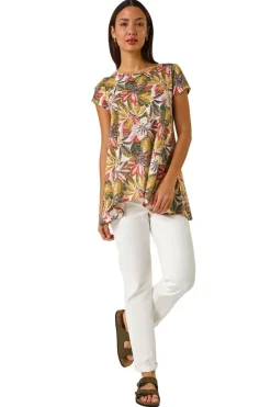 Roman Green Floral Print Hanky Hem Tunic Top