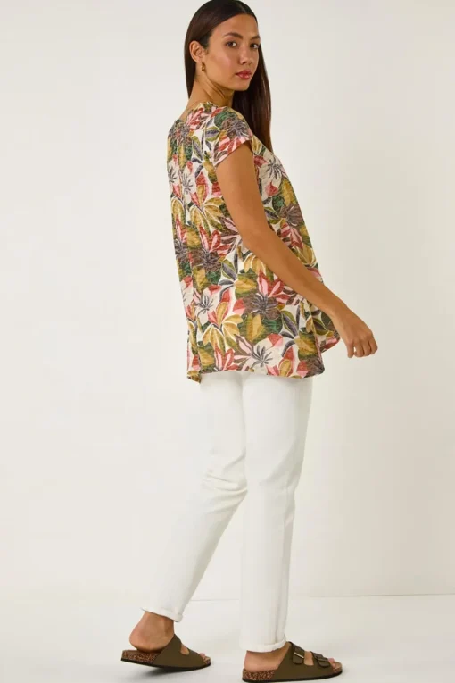 Roman Green Floral Print Hanky Hem Tunic Top