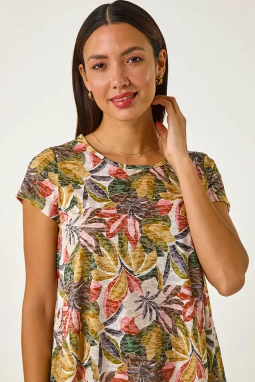Roman Green Floral Print Hanky Hem Tunic Top