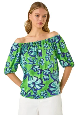 Roman Green Floral Print Bardot Stretch Top