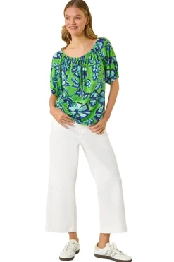 Roman Green Floral Print Bardot Stretch Top