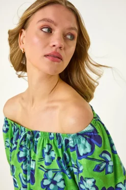 Roman Green Floral Print Bardot Stretch Top