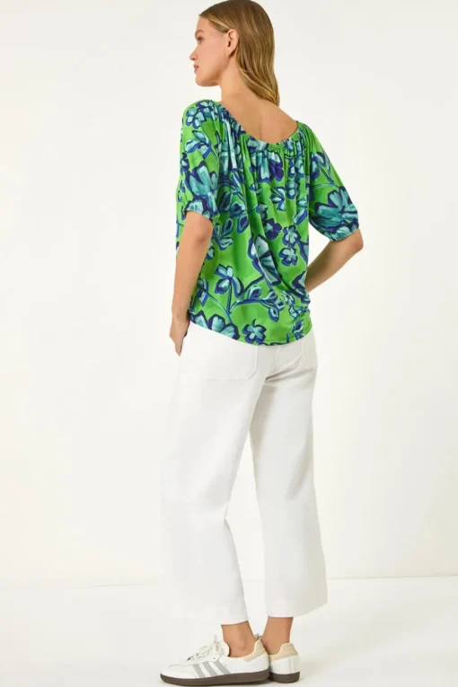 Roman Green Floral Print Bardot Stretch Top