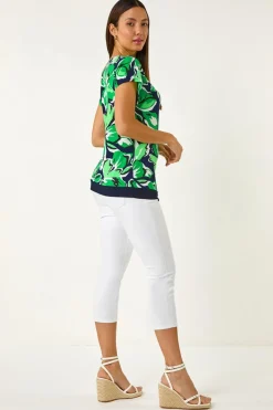 Roman Green Floral Print Asymmetric Hem Top