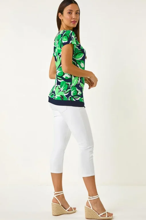 Roman Green Floral Print Asymmetric Hem Top