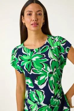 Roman Green Floral Print Asymmetric Hem Top