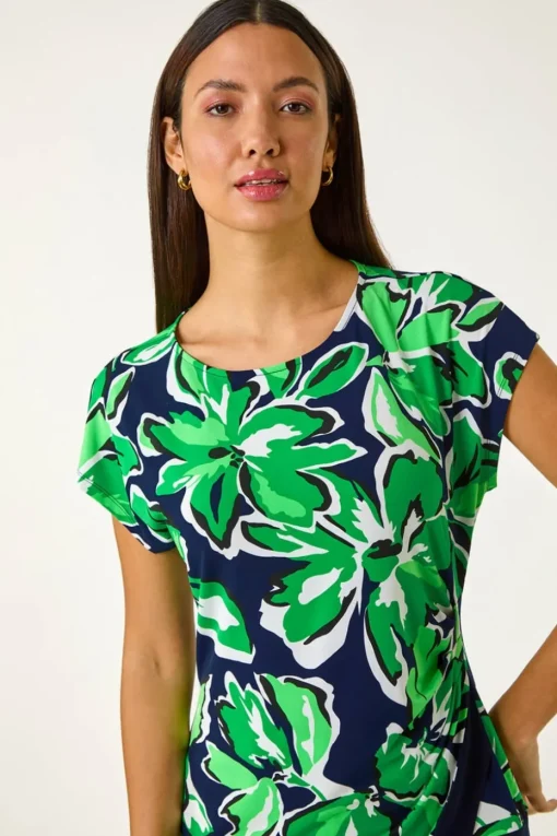 Roman Green Floral Print Asymmetric Hem Top