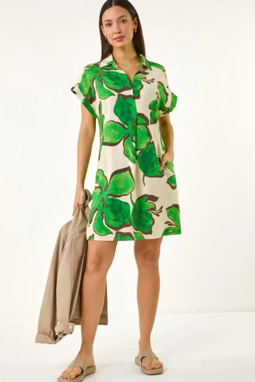 Roman Green Leaf Print Cocoon Shift Dress