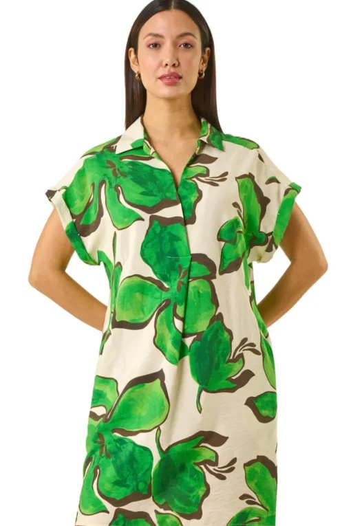 Roman Green Leaf Print Cocoon Shift Dress