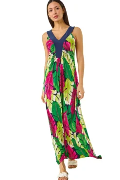 Roman Green Leaf Print Contrast Band Maxi Dress
