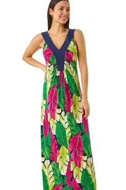 Roman Green Leaf Print Contrast Band Maxi Dress